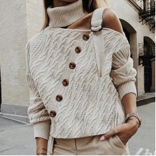 Fashion High Collar Open Shoulder Knitted Sweater