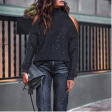 Fashion lady off-the-shoulder high neck knit sweater