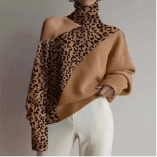 Fashion High Neck Off Shoulder Splicing Leopard Print Sweater