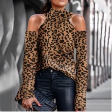 Fashionable sexy leopard print shoulder long sleeve sweater