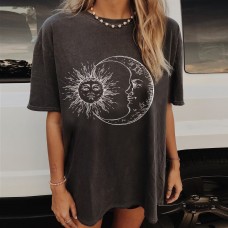 Fashion Casual Sun Moon Print Short Sleeve Long T-shirt